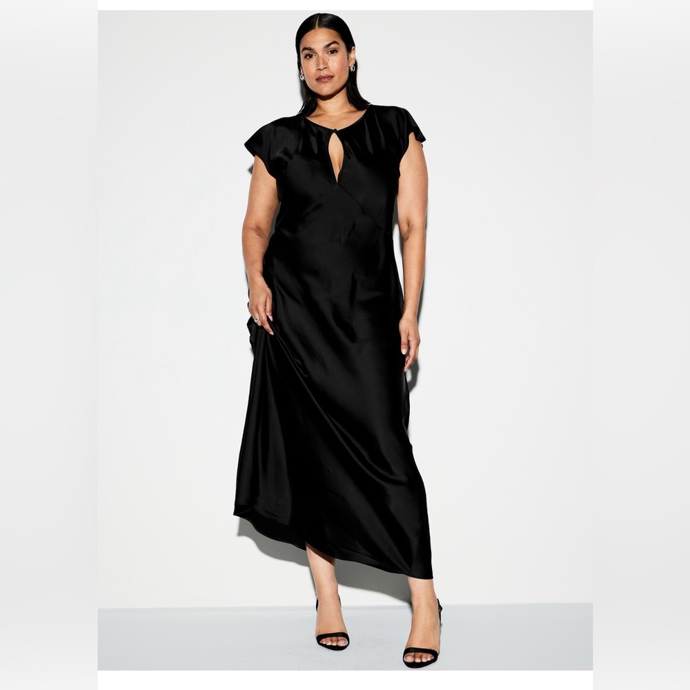 Flutter Sleeve Keyhole Satin Maxi Dress Black NWT